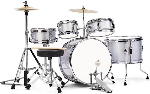 14 inch x 10 inch 5 Piece Junior Kids Drum Set Kit with Pedal Drum Stick Wrench Drum Stool Silver Complete Beginner Musical Instrument Percussion Bundle in Kuwait