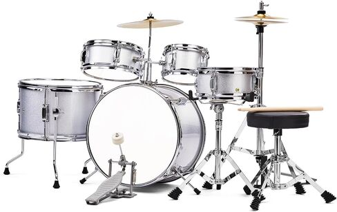 14 inch x 10 inch 5 Piece Junior Kids Drum Set Kit with Pedal Drum Stick Wrench Drum Stool Silver Complete Beginner Musical Instrument Percussion Bundle in Kuwait
