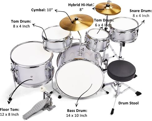 14 inch x 10 inch 5 Piece Junior Kids Drum Set Kit with Pedal Drum Stick Wrench Drum Stool Silver Complete Beginner Musical Instrument Percussion Bundle in Kuwait