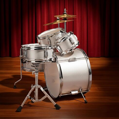 14 inch x 10 inch 5 Piece Junior Kids Drum Set Kit with Pedal Drum Stick Wrench Drum Stool Silver Complete Beginner Musical Instrument Percussion Bundle in Kuwait