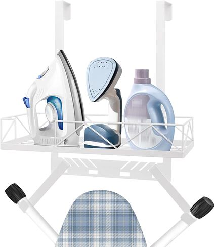 Ironing Board Hanger, Metal Over The Door or Wall Mounted Ironing Board Caddy, Ironing Board Storage Shelf with Adjustable Hooks for Laundry Room, Living Room, Bathroom (White) in Kuwait