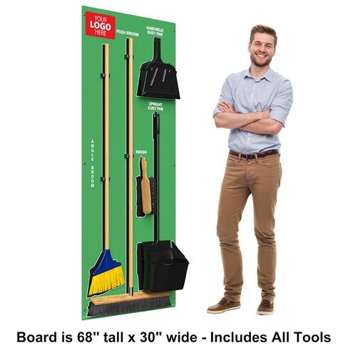 شعار مخصص Clean & Sweep 5S Shadow Board/حامل مكنسة مثبت على الحائط، لوحة 68 بوصة × 30 بوصة، محطة تنظيف 5S - مع مجموعة مكنسة ومجارف متضمنة، صنع في الولايات المتحدة الأمريكية بواسطة AccuformNMC in Kuwait