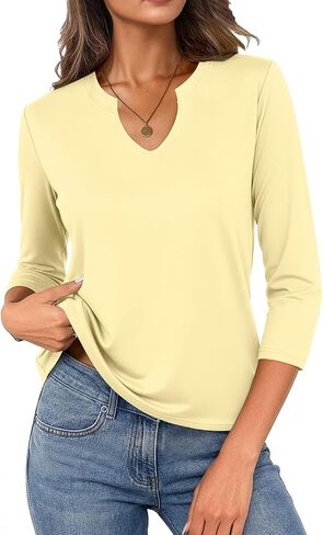 JUSTFASHIONNOW 3/4 طول الأكمام النسائية بلايز القطن الخامس الرقبة تي شيرت الأساسية عادية تي شيرت البلوزات in Kuwait