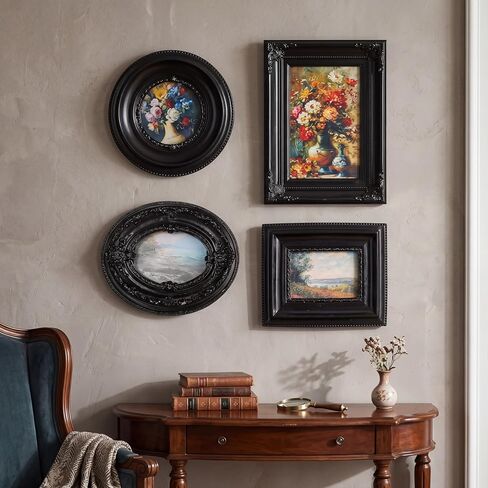 Geetery 4 Pcs Vintage Frames Set, Mini Antique Picture Frame Small Luxury Ornate Oval Circle Rectangle Wall Hanging for Gallery Wall Photo Display Tabletop Home Decor in Kuwait