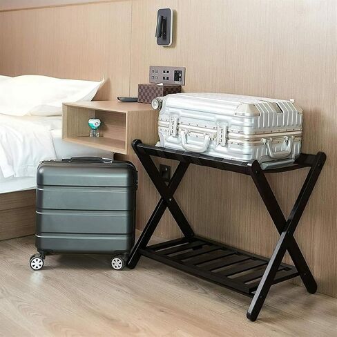 Rack,Foldable Bamboo Suitcase Stand with Storage Shelf Luggage Stand for Hotel Bedroom Guest Room Bedroom Hotel in Kuwait