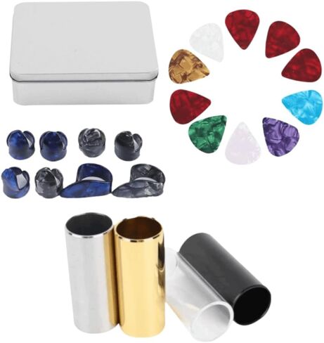 Slides (3 Metal + 1 Glass), 10 Celluloid Picks, 8 Finger Cots & Storage Box for Electric/Acoustic Guitar (Multi-Color, 60mm Length, 25mm OD)‌ in Kuwait