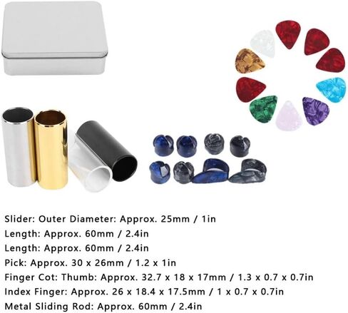 Slides (3 Metal + 1 Glass), 10 Celluloid Picks, 8 Finger Cots & Storage Box for Electric/Acoustic Guitar (Multi-Color, 60mm Length, 25mm OD)‌ in Kuwait