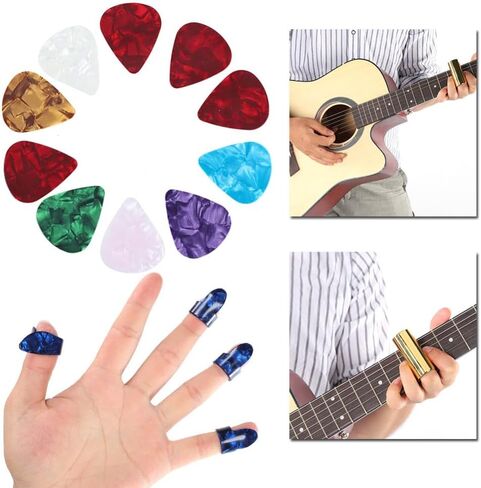 Slides (3 Metal + 1 Glass), 10 Celluloid Picks, 8 Finger Cots & Storage Box for Electric/Acoustic Guitar (Multi-Color, 60mm Length, 25mm OD)‌ in Kuwait