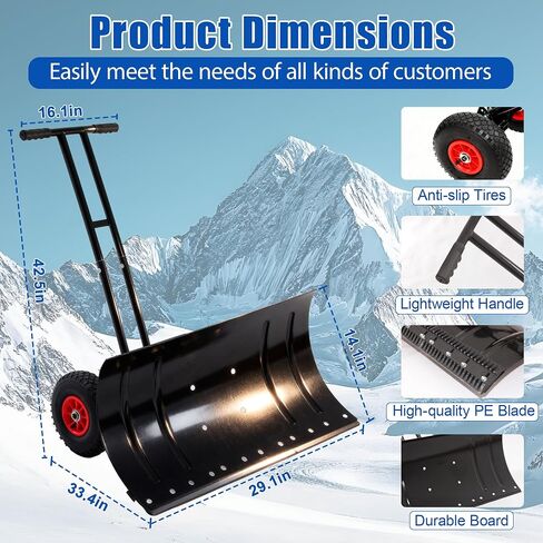 30 Inch Snow Pusher for Cars, Rolling Snow Shovel for Driveway | Wheeled Snow Pusher Heavy Duty | Wide Snow Scoop with Wheels | Metal Snow Sled for Tractor | Ergonomic Snow Remover for Deck in Kuwait