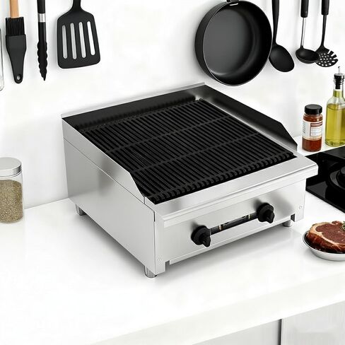 Commercial Lava Rock Charbroiler Countertop Grill with Dual Burners, 56000 BTU Output, Cast Iron Cooking Grates, Stainless Steel Restaurant BBQ Broiler for NG or LPG Culinary in Kuwait