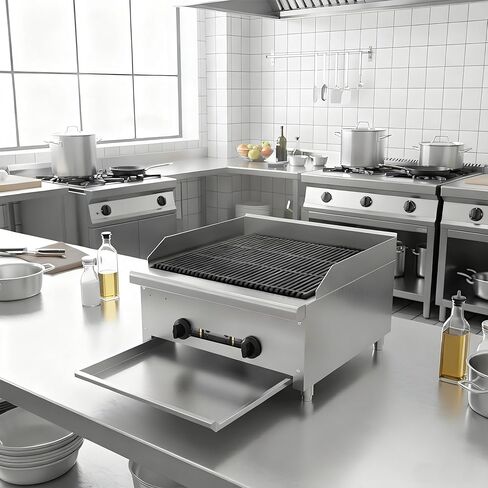 Commercial Lava Rock Charbroiler Countertop Grill with Dual Burners, 56000 BTU Output, Cast Iron Cooking Grates, Stainless Steel Restaurant BBQ Broiler for NG or LPG Culinary in Kuwait