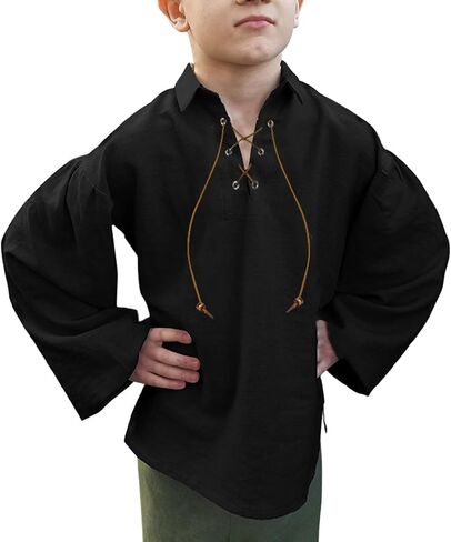 Boys Medieval Pirate Shirt Kids Renaissance Lace Up Halloween Scottish Jacobite Bell Sleeve V Neck Retro Tops Size 2-12 Years in Kuwait