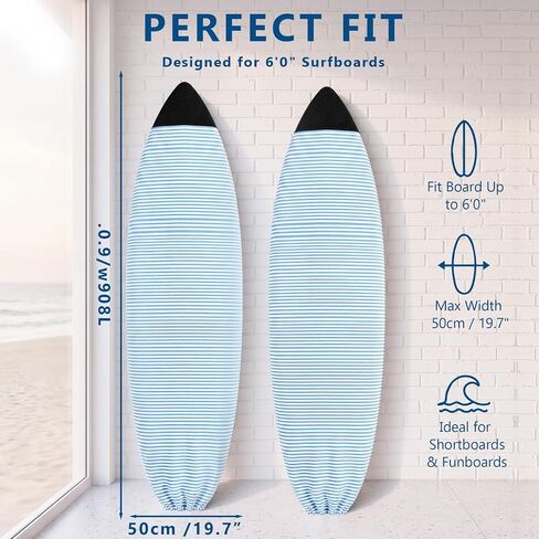 2 Pack Surfboard Sock Cover 6 FT Stretch Protective Surfboard Bag Lightweight Board Cover for Shortboard, Hybrid, Wakesurf Blue and White Striped Surfing Accessories in Kuwait