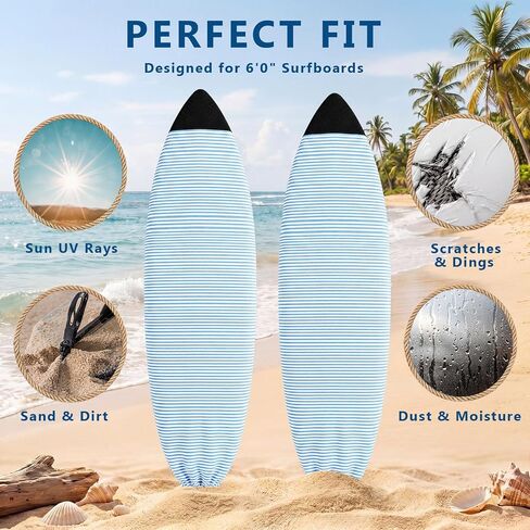 2 Pack Surfboard Sock Cover 6 FT Stretch Protective Surfboard Bag Lightweight Board Cover for Shortboard, Hybrid, Wakesurf Blue and White Striped Surfing Accessories in Kuwait