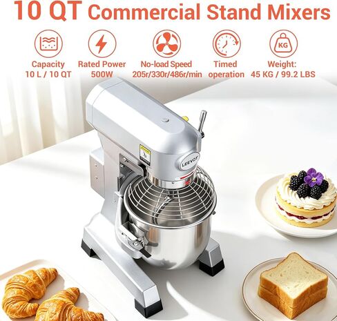 Commercial Food Mixer 10Qt. It can be set to run for 60 minutes at a time,500W Dough Mixer with Stainless Steel Bowl Dough Hooks Whisk Beater, With Safety Guard for Bakeries Restaurants Pizzerias in Saudi Arabia