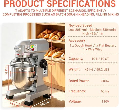 Commercial Food Mixer 10Qt. It can be set to run for 60 minutes at a time,500W Dough Mixer with Stainless Steel Bowl Dough Hooks Whisk Beater, With Safety Guard for Bakeries Restaurants Pizzerias in Saudi Arabia