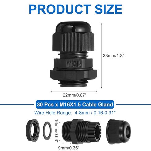 MECCANIXITY 30 Pcs M16 Cable Gland, 4-8mm Wire Hole Waterproof Nylon Joint for Cable Fixing, Wiring, Repairing, Gland Replacement, Electrical Appliances, Black in Kuwait