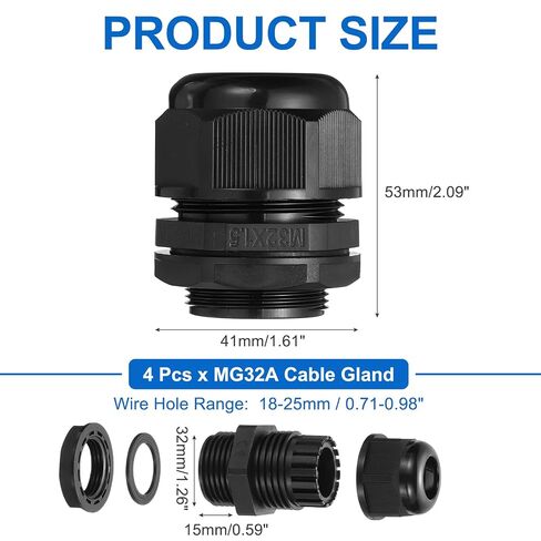 MECCANIXITY 4 Pcs M32 Cable Gland, 18-25mm Wire Hole Waterproof Nylon Joint for Cable Fixing, Wiring, Repairing, Gland Replacement, Electrical Appliances, Black in Kuwait