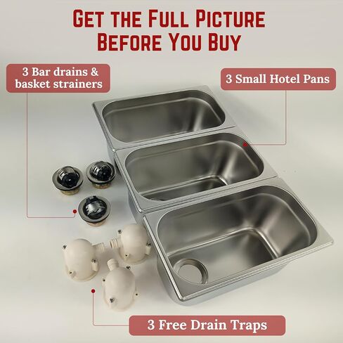 3-Compartment DropIn Stainless Steel Concession Sink, Thick 22-Gauge 18/8 | NSF Certified – Includes 3 Bar Drains & Free Drain Traps – Portable Hand-Washing Station for Food Trucks & Trailers in Saudi Arabia