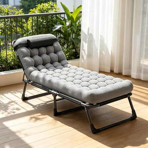 Folding Guest Bed Cot with Cushion, Portable Reclining Lounge Chair with Oxford Fabric, Detachable Pillow, Heavy-Duty Frame, Multi-Position Chaise for Overnight Guests,Dorms & Studio Apartments in Kuwait
