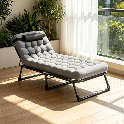 Folding Guest Bed Cot with Cushion, Portable Reclining Lounge Chair with Oxford Fabric, Detachable Pillow, Heavy-Duty Frame, Multi-Position Chaise for Overnight Guests,Dorms & Studio Apartments in Kuwait