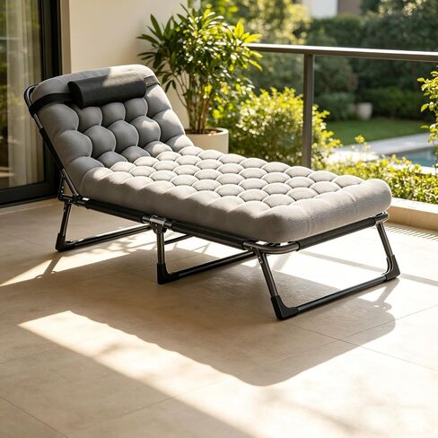 Folding Guest Bed Cot with Cushion, Portable Reclining Lounge Chair with Oxford Fabric, Detachable Pillow, Heavy-Duty Frame, Multi-Position Chaise for Overnight Guests,Dorms & Studio Apartments in Kuwait