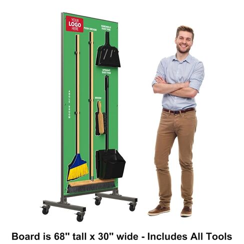 Custom Logo Clean & Sweep 5S Shadow Board/Mobile Cart Broom Holder, 68" x 30" Board, 5S Cleaning Station - with Broom and Dustpan Set Included, Made in The USA by AccuformNMC in Kuwait