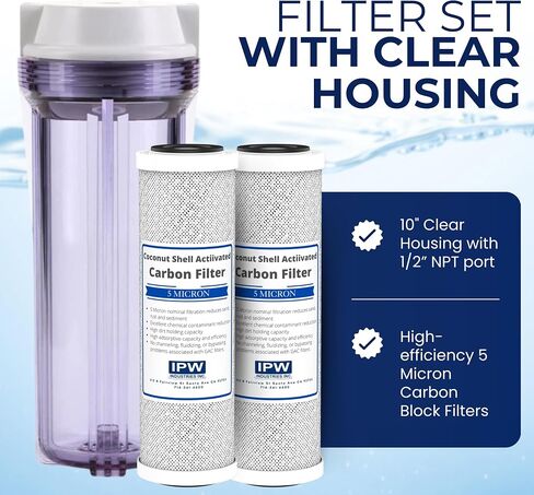 IPW Industries, Inc. - علبة فلتر Water Pur Style المتوافقة مع شركة (CCI-10CLW12) ومرشحات كتلة الكربون (CCI-10-Ca) - منافذ NPT مقاس 1/2 بوصة لتنقية المياه in Kuwait