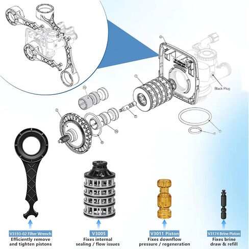 New Upgraded WS1 Interior Parts Kit compatible with Clack, Include Downflow Piston V3011, Brine Regenerant Piston V3174, Spacer Stack V3005 (black, WS1-bs) in Kuwait