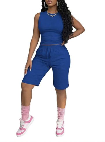 Ulovmi 2 Piece Short Sets for Women Summer Outfits Matching Sweatsuit Sleeveless Tank Top and Biker Shorts Lounge Workout in Kuwait