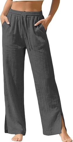 Womens Palazzo Pants Summer Fashion High Waisted Wide Leg Drawstring Side Slit Flowy Beach Trousers with Pockets in Kuwait