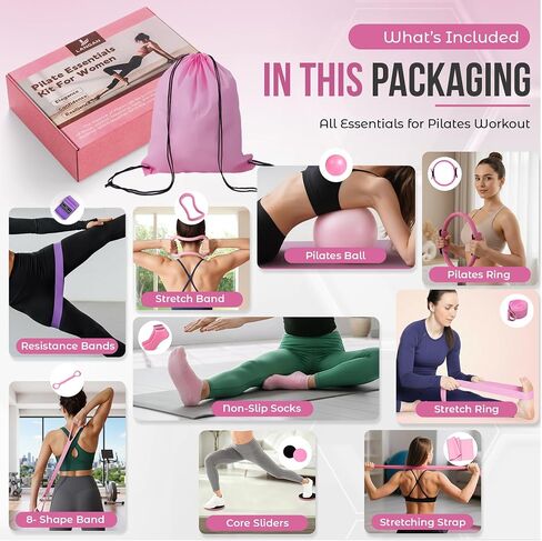 Home Pilates Kit for Women & Men | 15Pcs Better Me Pilates Kit with 14 Inches Pilates Ring and Ball Set, Resistance Bands, Core Sliders, Bag - Full Body Exercise Home Pilates Workout Kit in Kuwait