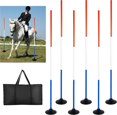 6 Pcs 6FT Pole Bending Poles for Horses,3-Section Adjustable Training Equipment 3 Color High Visibility Agility Poles with Rubber Bases & Carry Bag for Horse Football Dog Pet Training in Kuwait