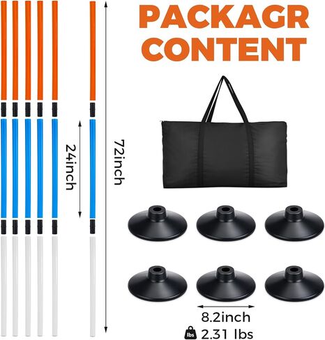 6 Pcs 6FT Pole Bending Poles for Horses,3-Section Adjustable Training Equipment 3 Color High Visibility Agility Poles with Rubber Bases & Carry Bag for Horse Football Dog Pet Training in Kuwait
