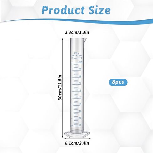 8 Pack 250ml Plastic Graduated Cylinder, Transparent Measuring Cylinders, Durable Lab Tube, Science Measuring Test Tube Flask with 2-Sided Marking, for Science Projects(250ML) in Kuwait