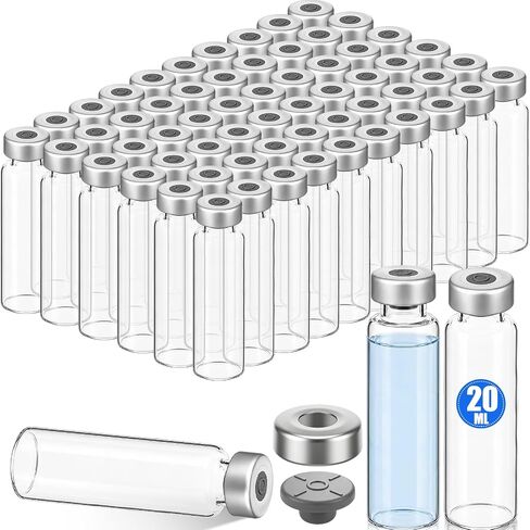60 Pack Empty Vials with Self Healing Injection Port Clear Glass Empty Sample Vials with Sealed Aluminum Caps Flat Bottom Lab Vial (10ml) in Kuwait