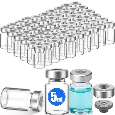 60 Pack Empty Vials with Self Healing Injection Port Clear Glass Empty Sample Vials with Sealed Aluminum Caps Flat Bottom Lab Vial (10ml) in Kuwait