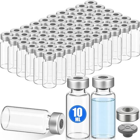60 Pack Empty Vials with Self Healing Injection Port Clear Glass Empty Sample Vials with Sealed Aluminum Caps Flat Bottom Lab Vial (10ml) in Kuwait