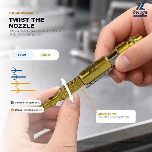 Zeluga 28-577 1/4 Inch Adjustable Pocket Air Blow Gun, Pen Style Brass Air Blower Nozzle with Clip, Industrial Air Blow Gun Fits 1/4" Industrial M-Style Quick Coupler in Kuwait