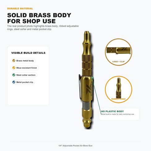 Zeluga 28-577 1/4 Inch Adjustable Pocket Air Blow Gun, Pen Style Brass Air Blower Nozzle with Clip, Industrial Air Blow Gun Fits 1/4" Industrial M-Style Quick Coupler in Kuwait
