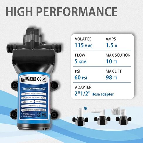 مضخة معززة لضغط المياه من WASSERMANN 115 فولت تيار متردد 5.0GPM 60PSI، مضخة مياه ذاتية الفتح مع مفتاح ضغط للمطبخ والحمام البحري وحديقة اليخوت in Kuwait