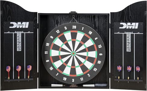 مجموعة خزانة DMI Americana Dartboard مع لوح رمي السهام الورقي مقاس 18 بوصة، ولعبة بيسبول ذات وجهين، وسجل كريكيت مدمج، وسهام، وطباشير وأدوات تثبيت - لمسة نهائية سوداء كلاسيكية in Kuwait