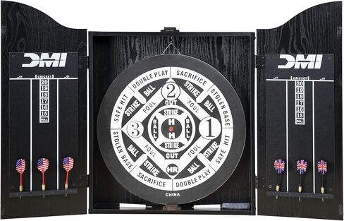 مجموعة خزانة DMI Americana Dartboard مع لوح رمي السهام الورقي مقاس 18 بوصة، ولعبة بيسبول ذات وجهين، وسجل كريكيت مدمج، وسهام، وطباشير وأدوات تثبيت - لمسة نهائية سوداء كلاسيكية in Kuwait