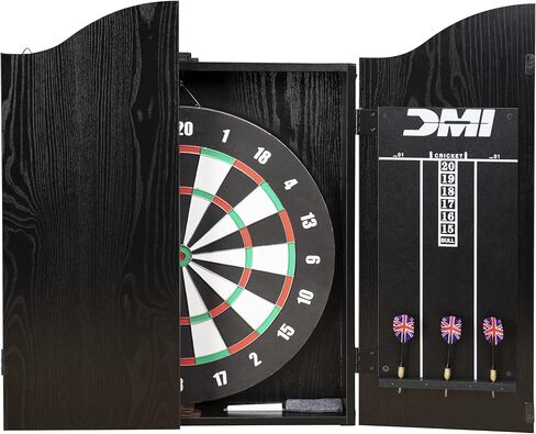 مجموعة خزانة DMI Americana Dartboard مع لوح رمي السهام الورقي مقاس 18 بوصة، ولعبة بيسبول ذات وجهين، وسجل كريكيت مدمج، وسهام، وطباشير وأدوات تثبيت - لمسة نهائية سوداء كلاسيكية in Kuwait