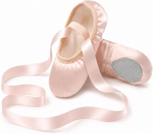 Danzcue Girls Ballet Shoes Satin with Ribbon – Split Sole Dance Slippers, Ballet Flats for Toddler Kids, Ballet Pink, 12M Little Kid in Kuwait