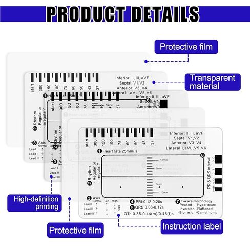 10pcs ECG 7 Step Ruler, PVC Portable Electrocardiogram Card, EKG Calipers Ruler Measuring Tool for EKG Education and Practice- Clear in Kuwait