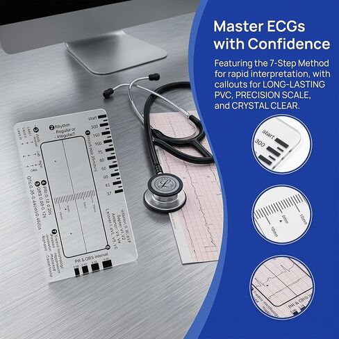 10pcs ECG 7 Step Ruler, PVC Portable Electrocardiogram Card, EKG Calipers Ruler Measuring Tool for EKG Education and Practice- Clear in Kuwait