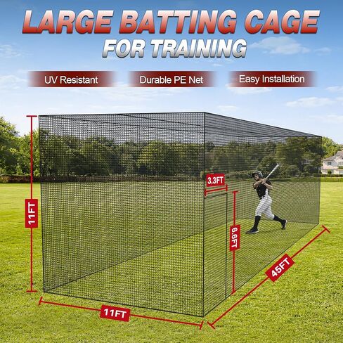 Baseball Batting Cage Net - 45 x 11 x 11 FT 36-Ply PE 1.75" Mesh Batting Cage Net with Door Heavy Duty Baseball Batting Cage for Softball & Hitting Training for Backyard Park (Net Only) in Kuwait