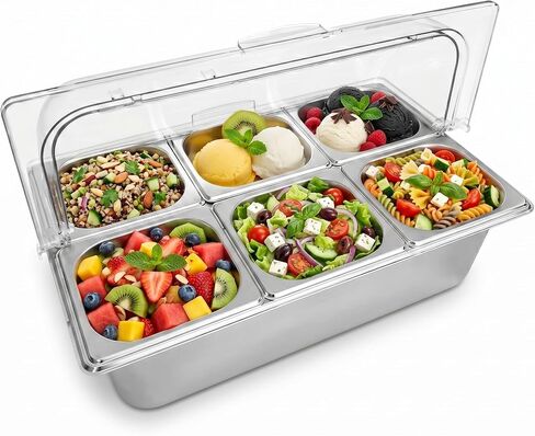 محطة توابل باردة مع صينية ثلج، من الفولاذ المقاوم للصدأ 6 أقسام مقاس 21 × 13 × 13 بوصة، شاشة تقديم الطعام على سطح الطاولة، خادم بهار مبرد مع غطاء شفاف لبار سلطة بوفيه الحفلات in Kuwait