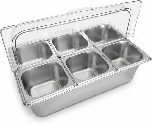 محطة توابل باردة مع صينية ثلج، من الفولاذ المقاوم للصدأ 6 أقسام مقاس 21 × 13 × 13 بوصة، شاشة تقديم الطعام على سطح الطاولة، خادم بهار مبرد مع غطاء شفاف لبار سلطة بوفيه الحفلات in Kuwait